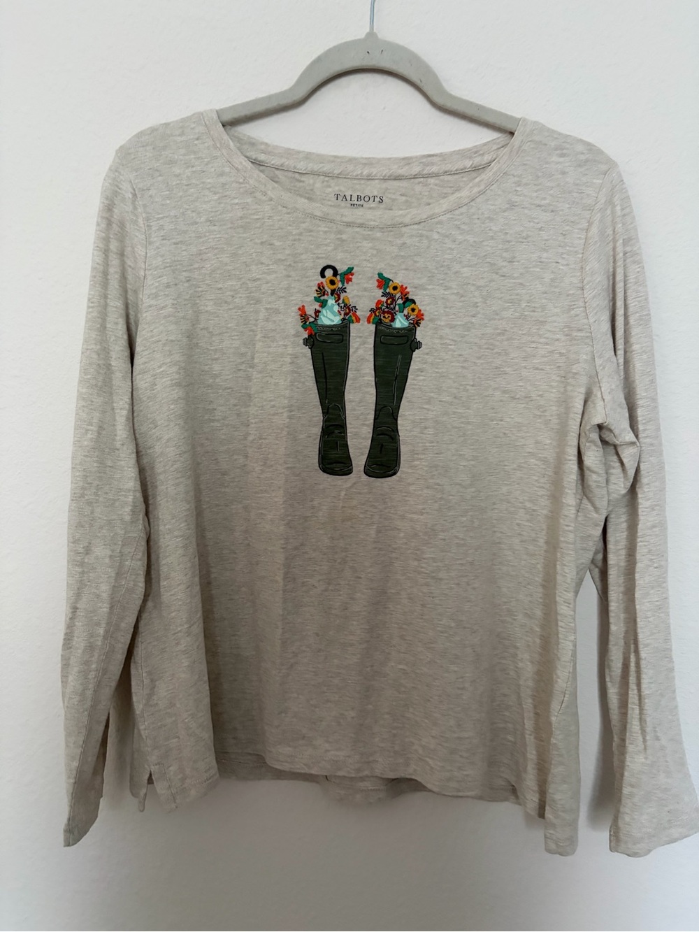 Talbots Cream Scoop-Neck Tee with Green Boot Floral Embroidery